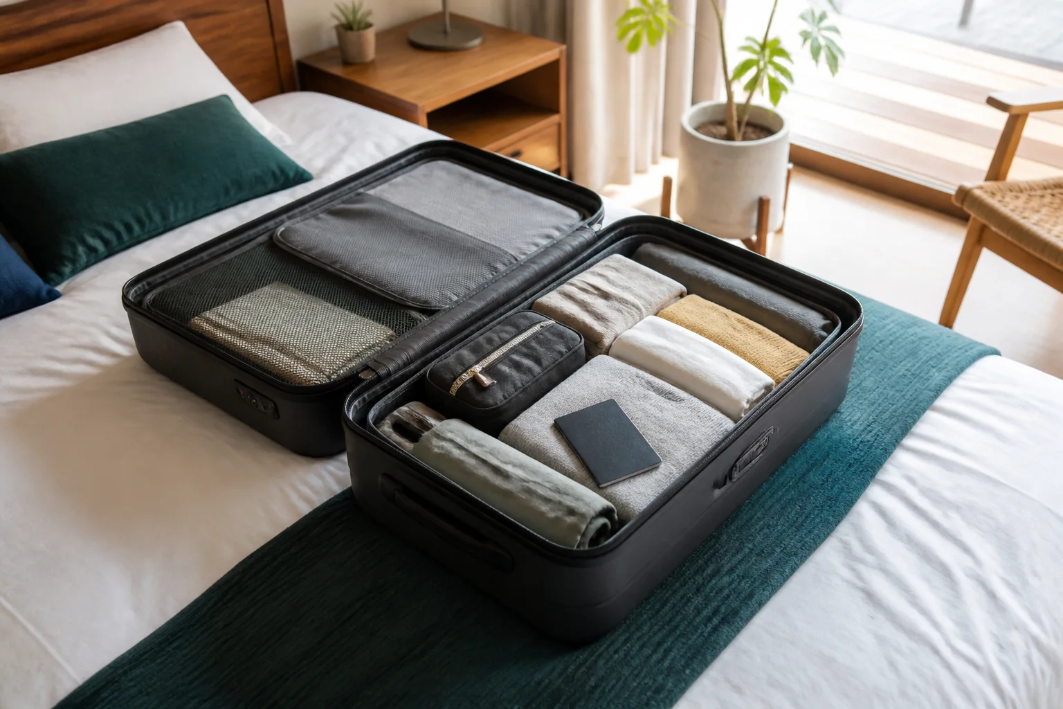 旅行前にスーツケースへ荷物を整理している様子